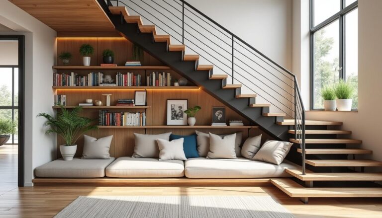 découvrez des idées créatives pour aménager un espace sous escalier ouvert, optimisant l'espace sans le fermer, pour un intérieur fonctionnel et esthétique.